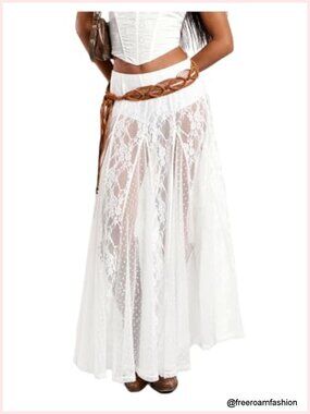 Sheer Lace Maxi Skirt See Through Low Waist A-Line Women's Party